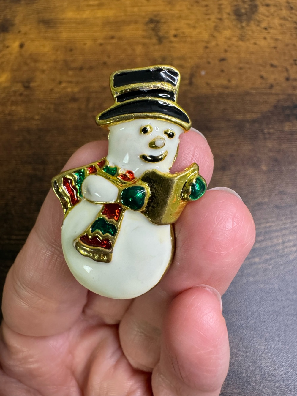 💚4/$20 Holiday Snowman Enamel Brooch in White, Black, Green, Red & Gold
